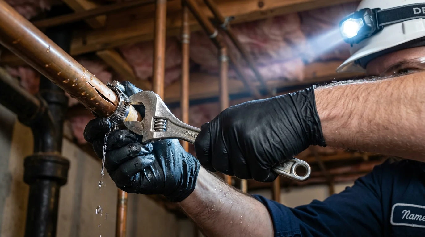 Emergency pipe clamp repair being performed by a Johns Plumbing LLC plumber in Harriman