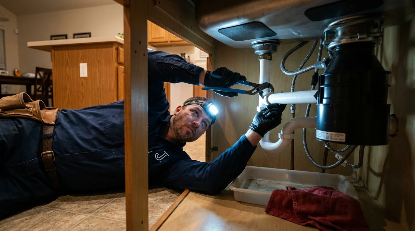 P-trap and supply line connections under a kitchen sink showing a common leak point in Harriman, TN